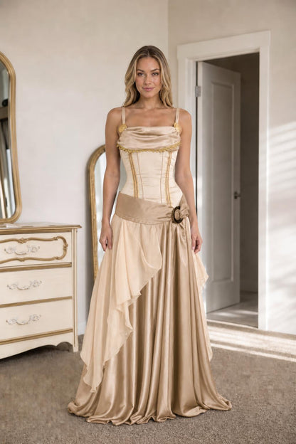 Renaissance medieval corset maxi dress in champagne
