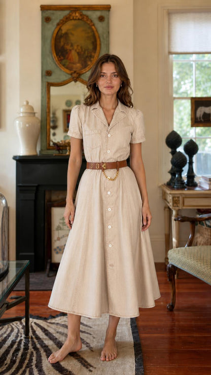 Woman wearing beige denim midi shirt dress