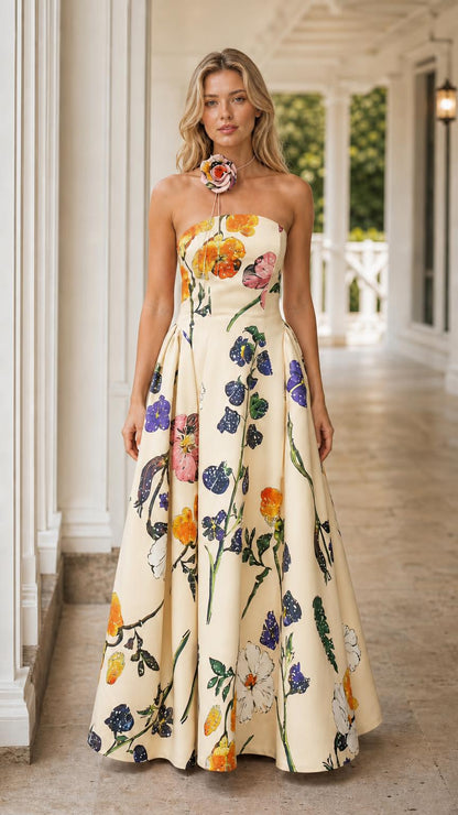 Front view of cream floral strapless maxi dress
