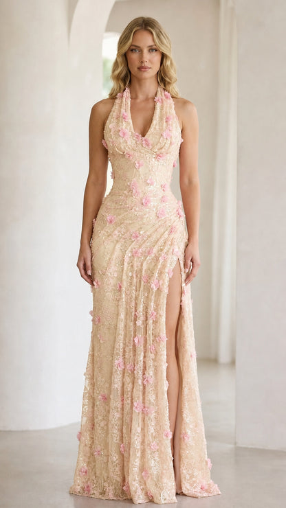 Front view of champagne beige halter floral applique evening gown