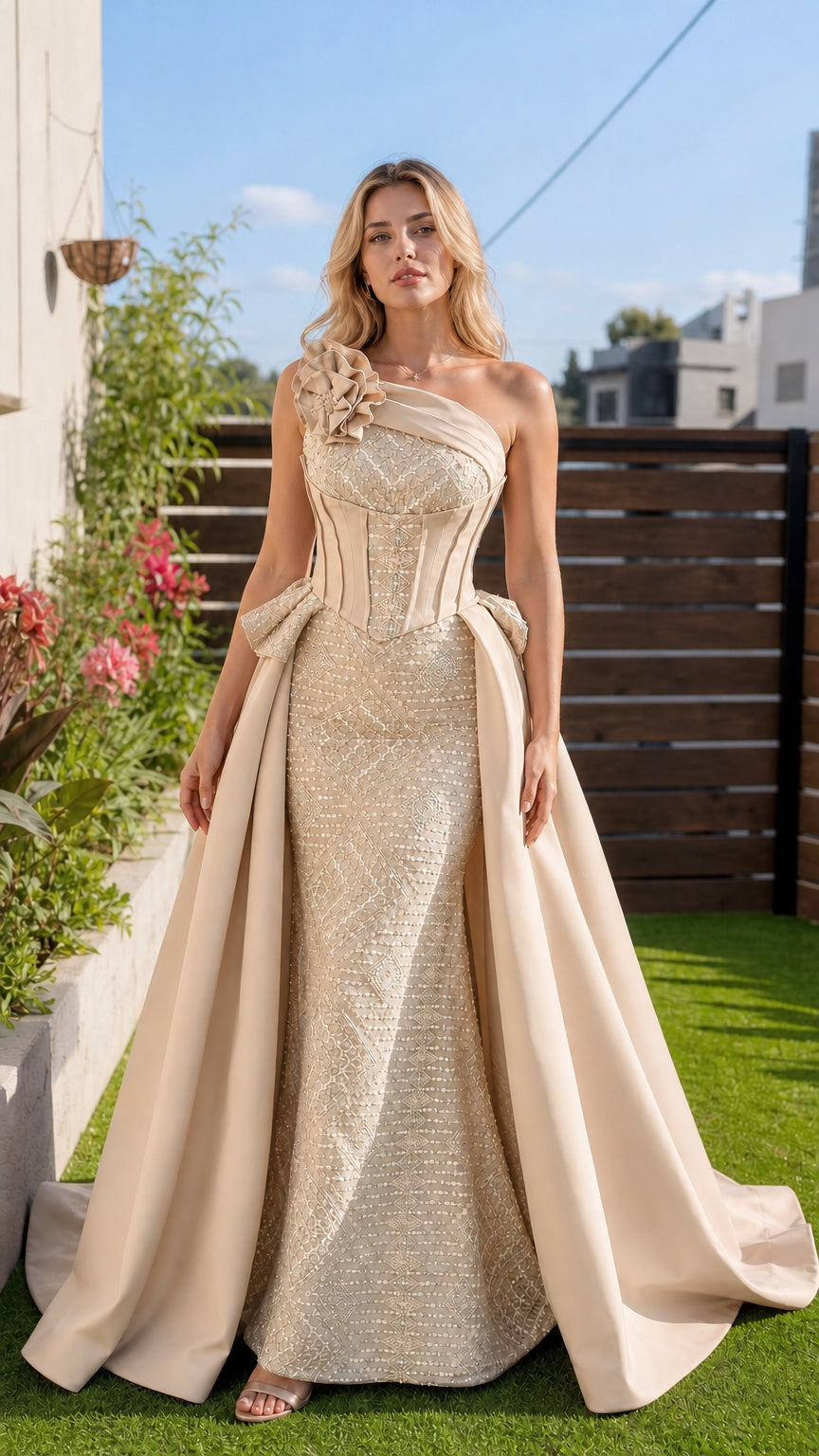 Champagne color variant of one-shoulder corset evening gown