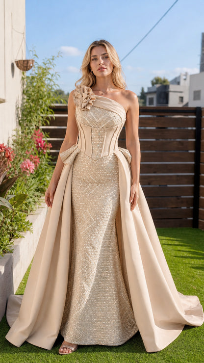 Champagne color variant of one-shoulder corset evening gown