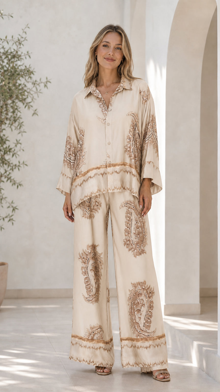 Front view of model in cream satin paisley print lounge set