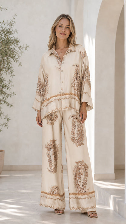 Front view of model in cream satin paisley print lounge set