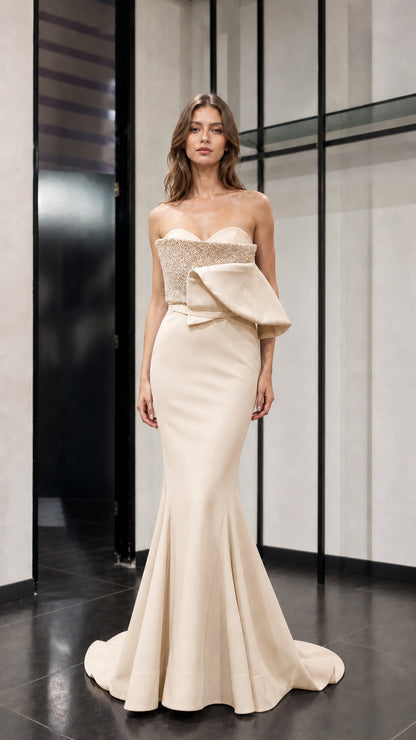 Front view of champagne evening gown variant