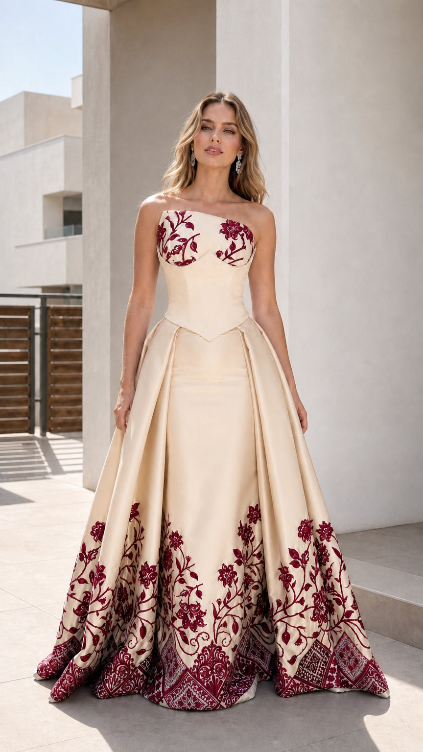 Ivory strapless floral ball gown shown from the front
