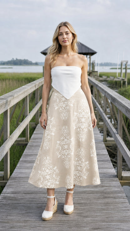 Front view of beige floral midi skirt variant