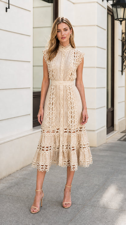 Front view of model wearing Beige lace midi dress
