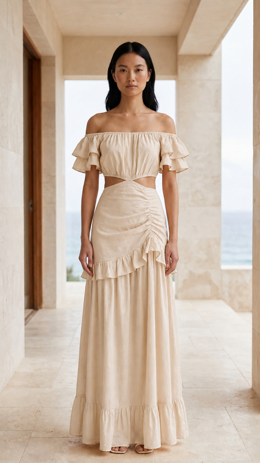 Front view of beige off-shoulder cutout maxi dress