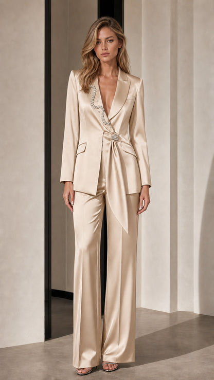 Champagne satin crystal embellished pant suit