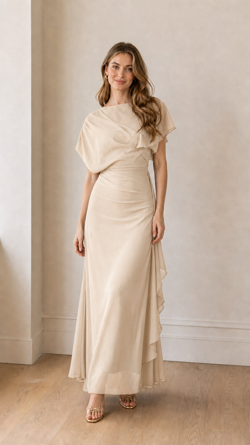 Front view of the champagne color variant of the maxi dress