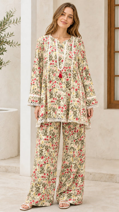 Model wearing yellow floral two-piece set