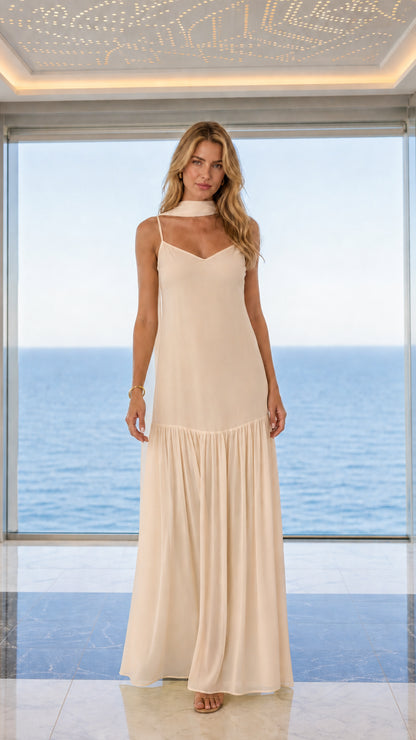 Front view of beige choker maxi dress