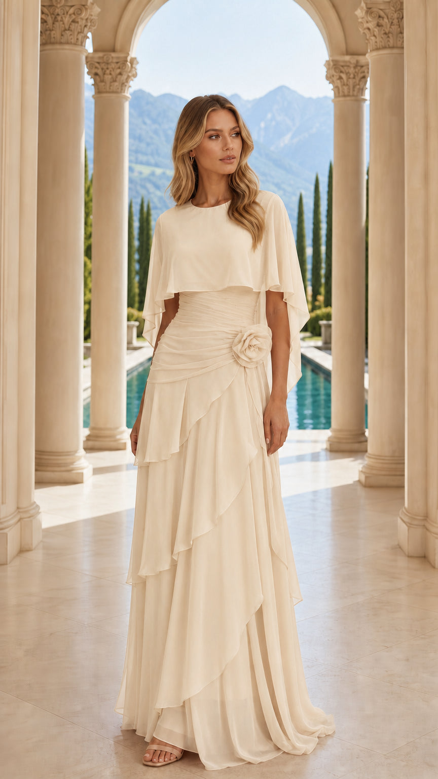Front view of champagne chiffon evening dress