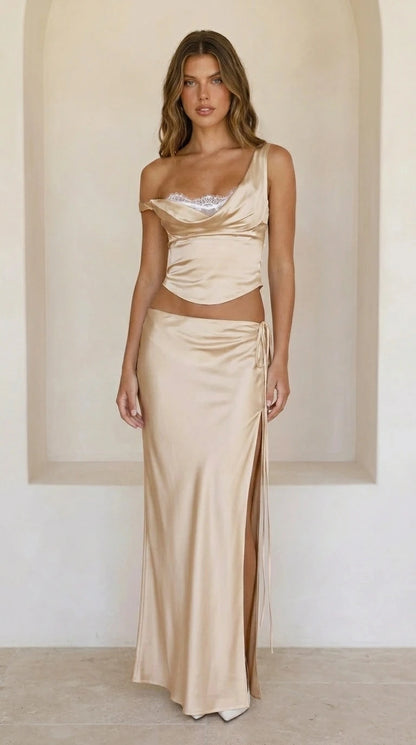 Front view of champagne satin two-piece set