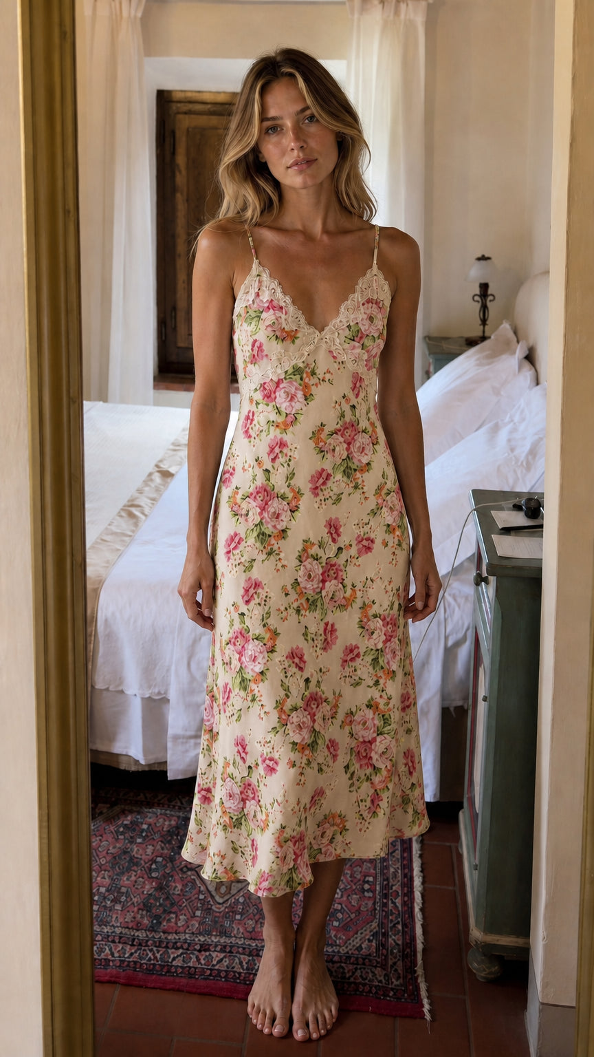 Front view of woman wearing Cream floral lace trim cami midi slip dress