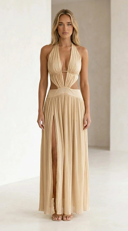 Champagne color variant of halter neck cutout pleated maxi dress