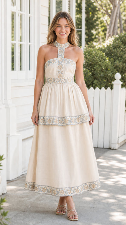 Model wearing cream embroidered halter midi dress