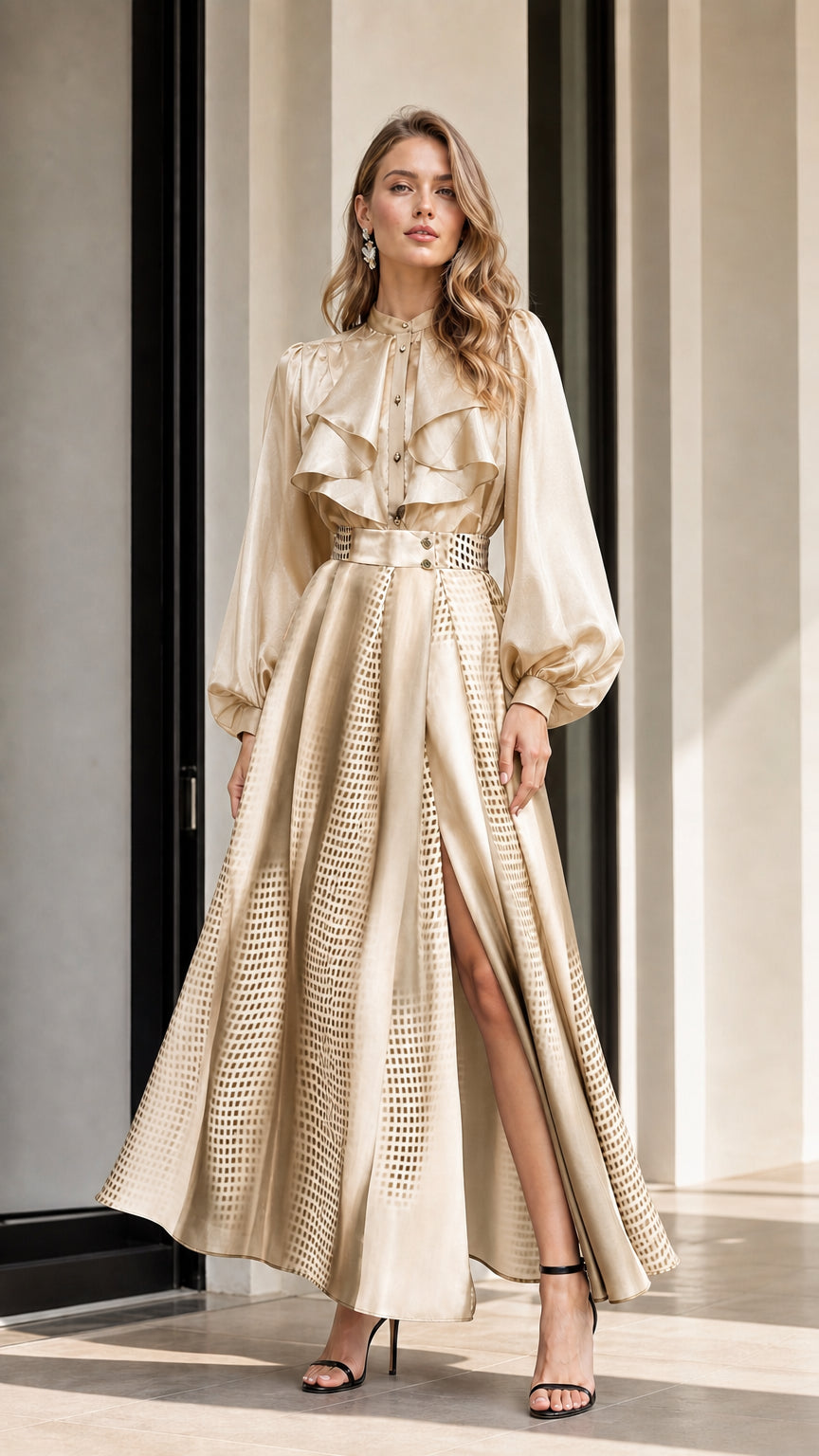 Model wearing champagne gradient maxi skirt and matching blouse