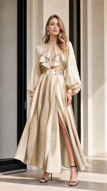 Model wearing champagne gradient maxi skirt and matching blouse
