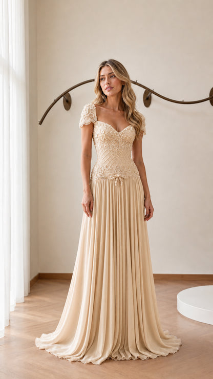Front view of model wearing champagne evening gown
