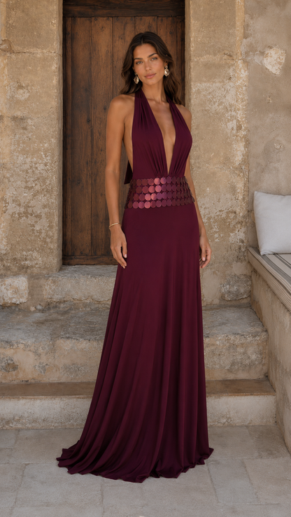 Elegance Halter Plunge Maxi Dress in Burgundy