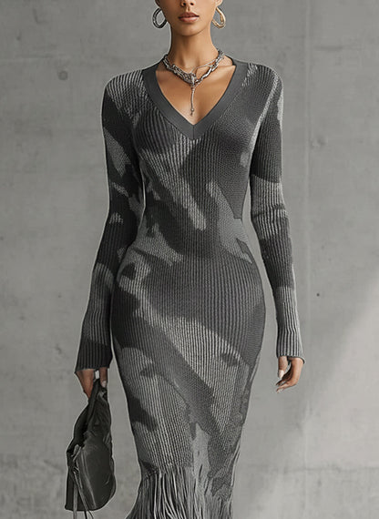 Yohers Olive Camo Knit V-Neck Fringe Hem Bodycon Dress
