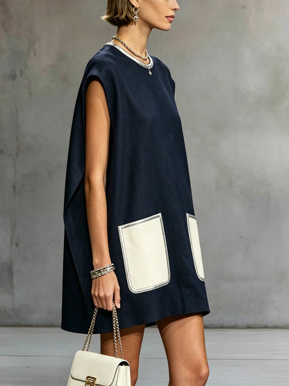 Navy Sleeveless Mini Dress With Contrast Patch Pockets