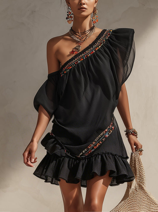 Black Asymmetric Chiffon Embroidered Mini Dress