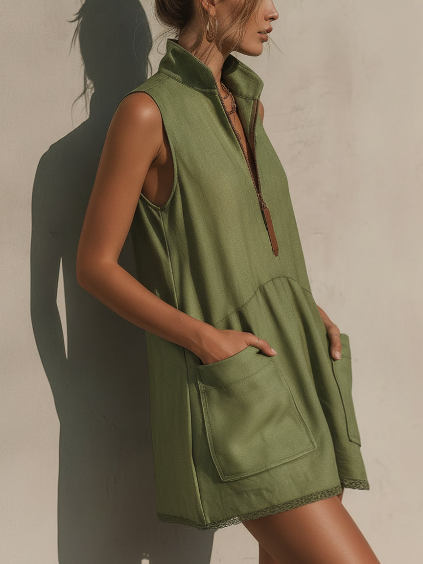 Olive Green Half Zip Linen Blend Mini Dress