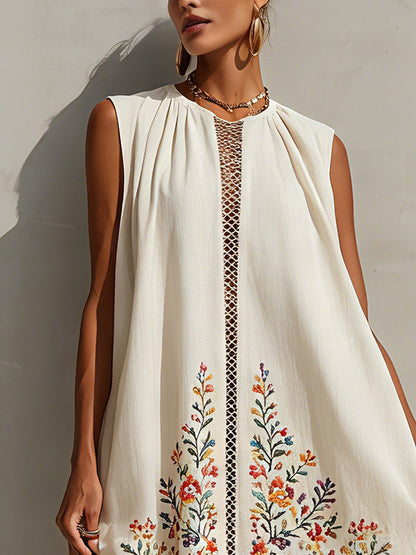 Ivory Sleeveless Embroidered Cotton Linen Mini Dress