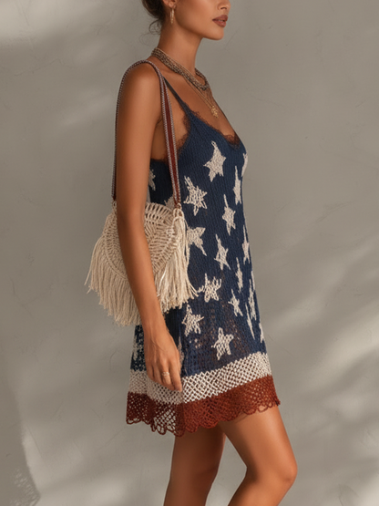 Navy Blue Star Knit Lace Trim Mini Dress