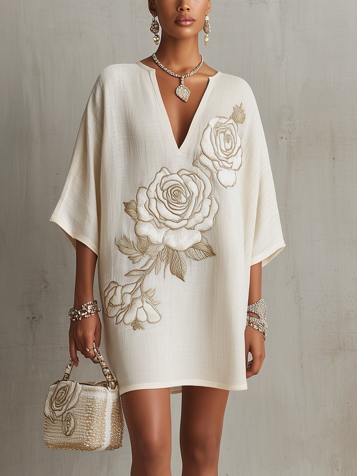 Ivory Mini Dress With Embroidered Floral Detail