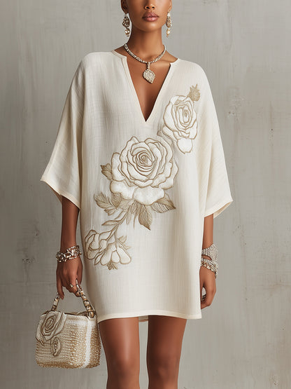 Ivory Mini Dress With Embroidered Floral Detail