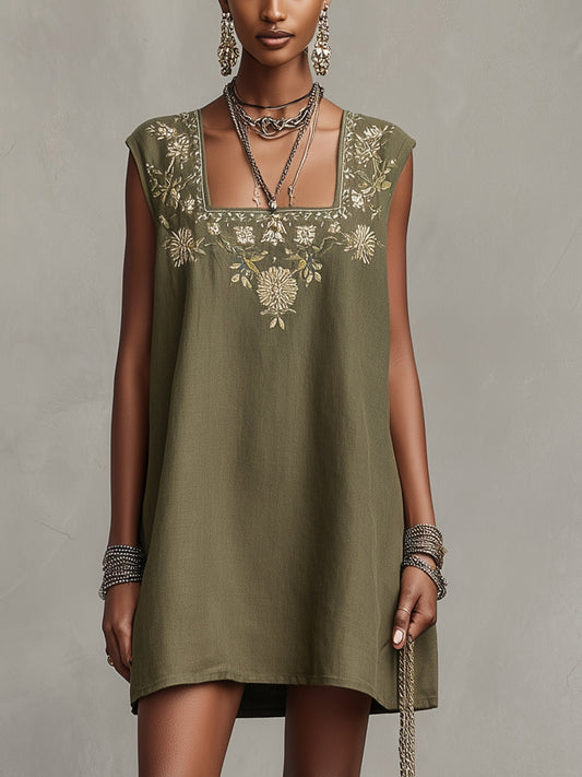 Olive Green Sleeveless Mini Dress With Embroidered Square Neckline