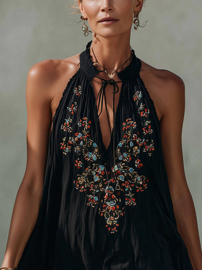 Black  Embroidered Cotton Mini Dress