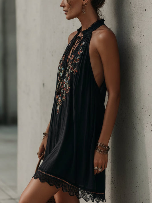Black  Embroidered Cotton Mini Dress