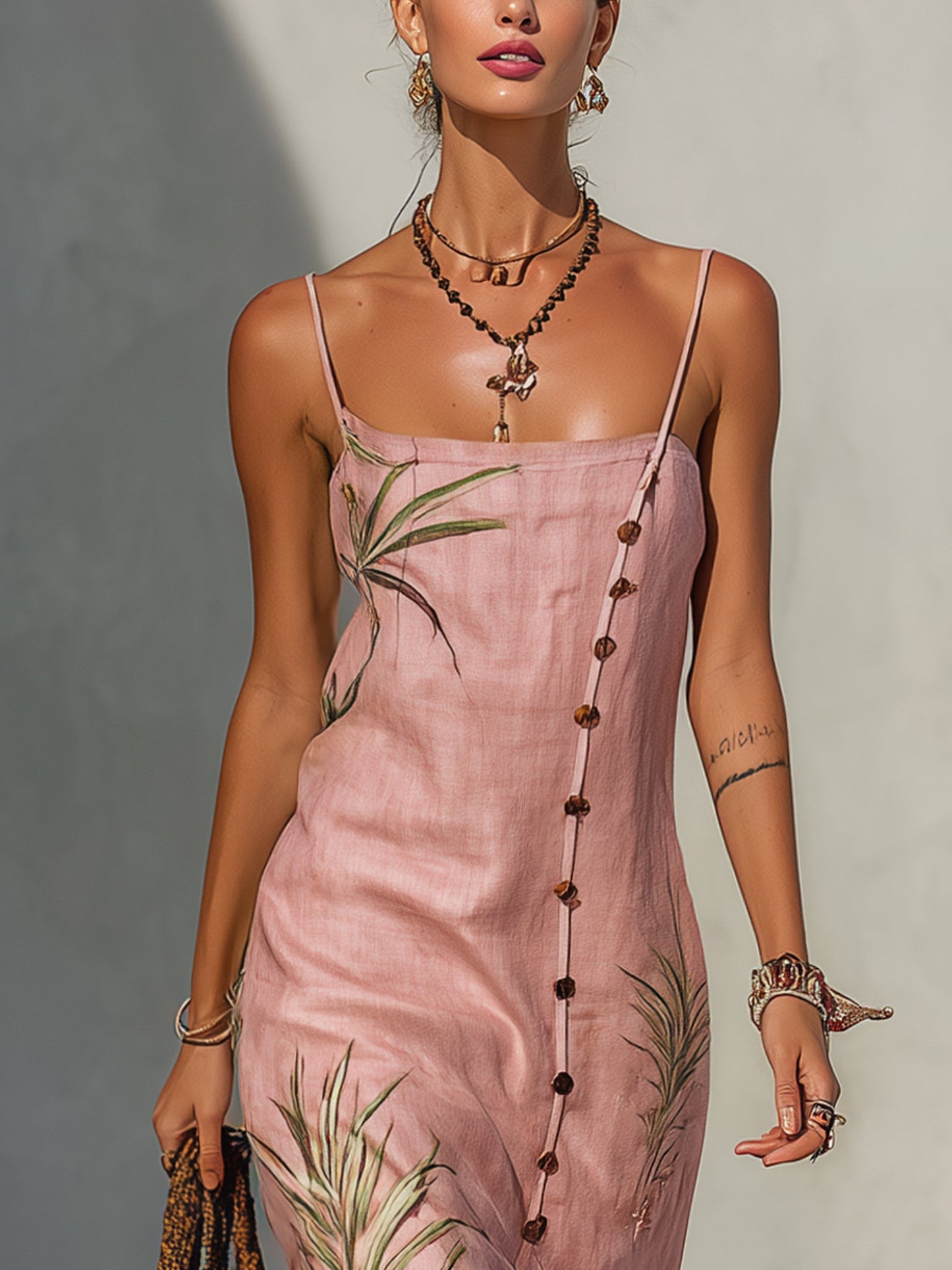 Pink Linen Print Midi Dress with Coconut Buttons