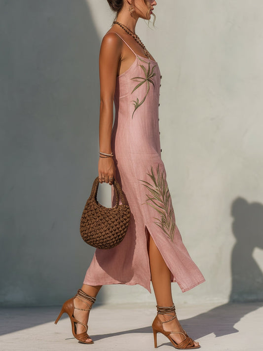 Pink Linen Print Midi Dress with Coconut Buttons