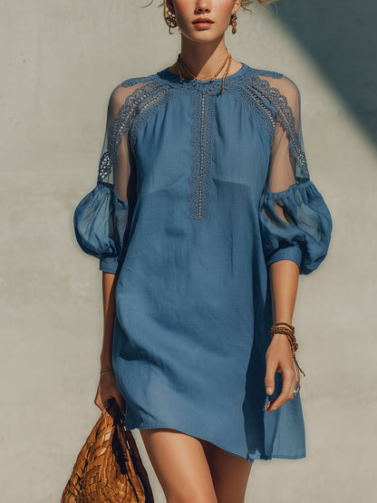 Blue Cotton Linen Lace Trim Mini Dress