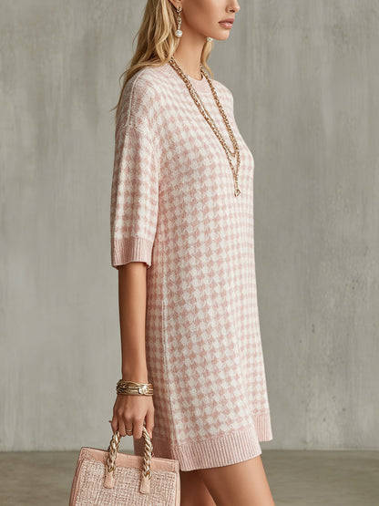 Pink Houndstooth Knit Mini Dress With Half Sleeves