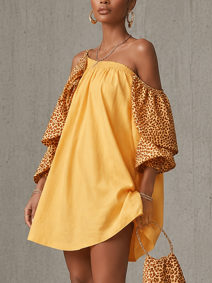 Yellow Leopard Print One Shoulder Ruffled Cotton Linen Mini Dress