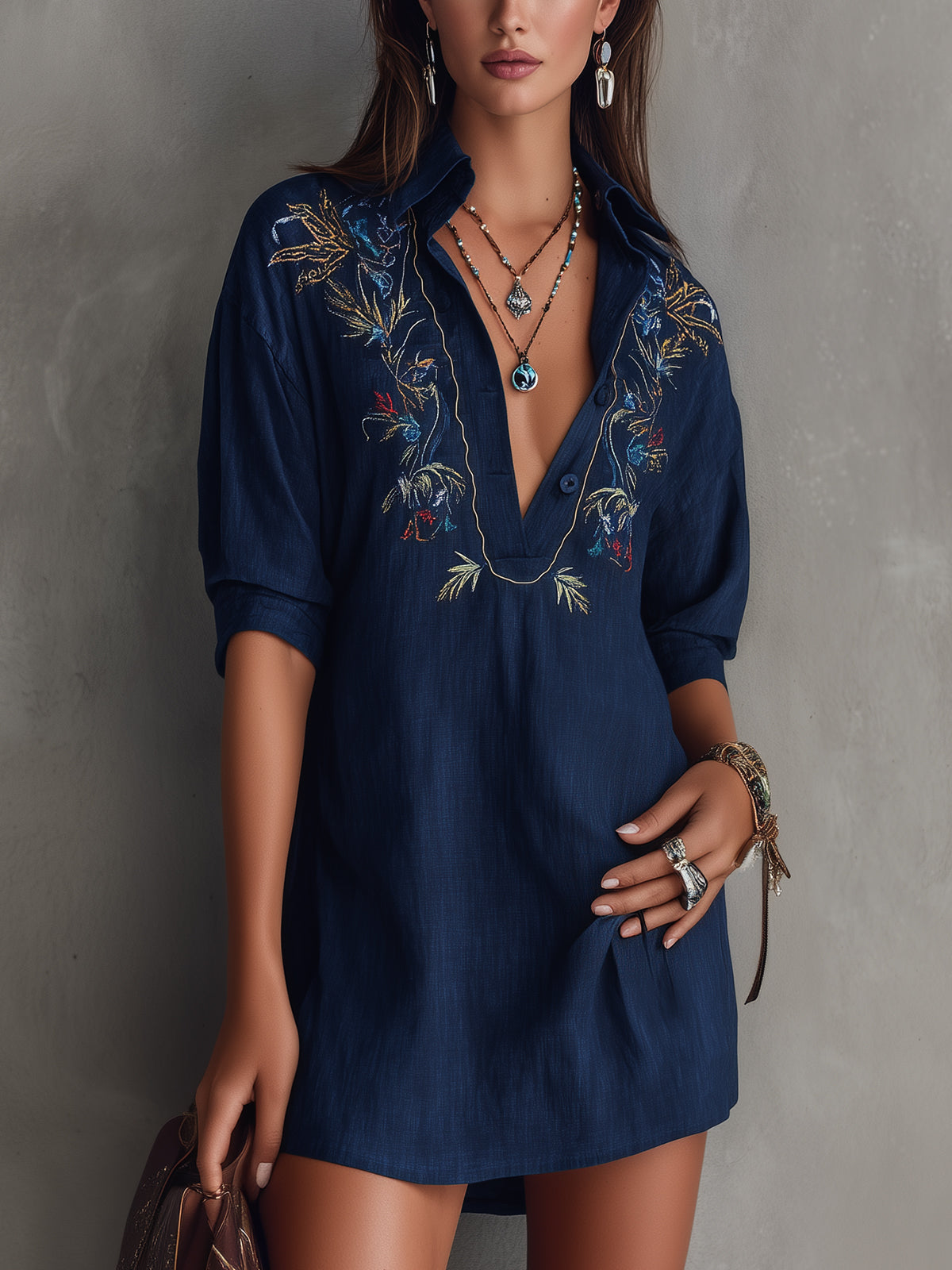 Navy Embroidered V-Neck Shirt Mini Dress