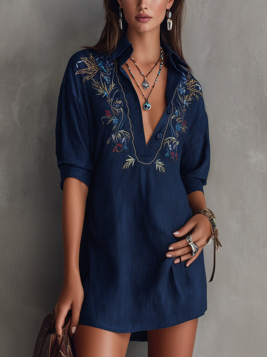 Navy Embroidered V-Neck Shirt Mini Dress