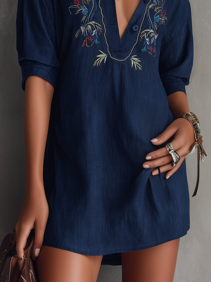Navy Embroidered V-Neck Shirt Mini Dress