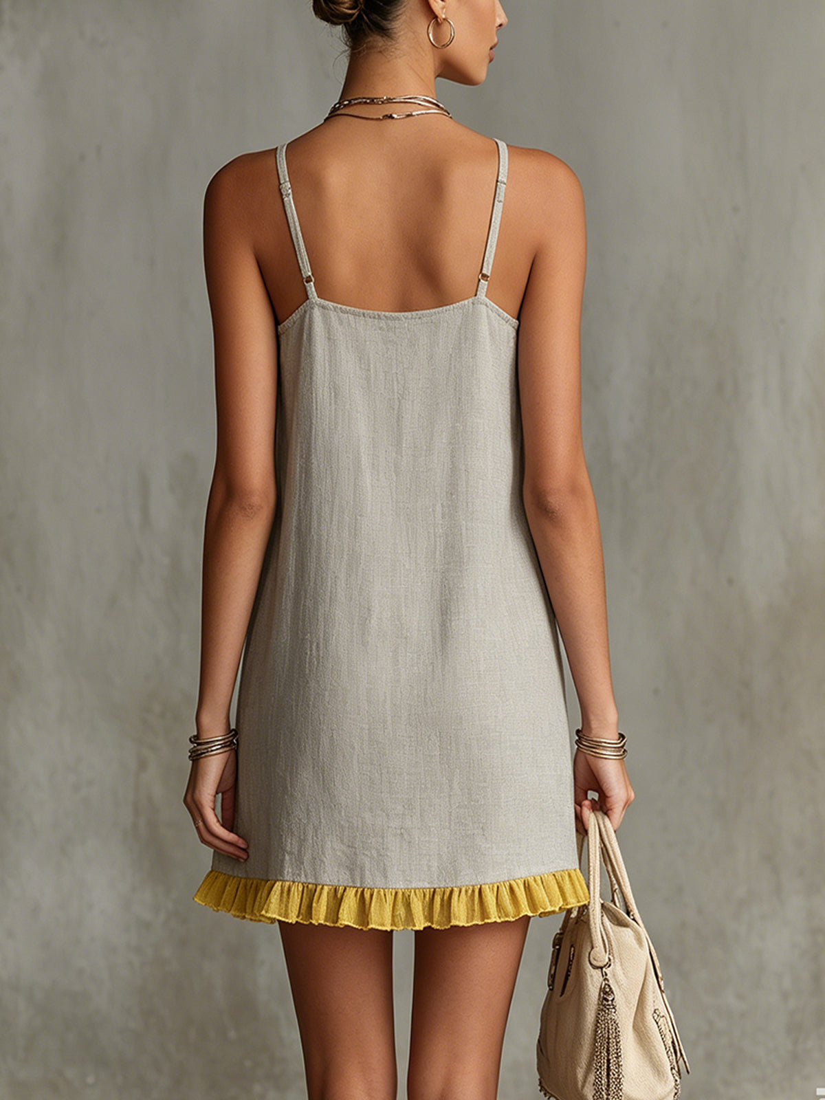 Gray Floral Embroidered Ruffle Hem Cami Dress