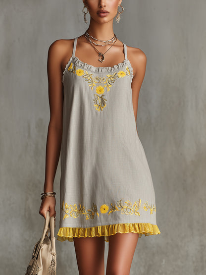Gray Floral Embroidered Ruffle Hem Cami Dress
