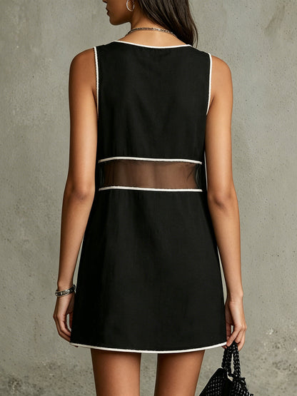 Black Sleeveless Embroidered Mesh Panel Mini Dress