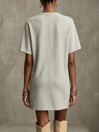 Gray Textured Short Sleeve Mini Dress with Dandelion Print and Zip Front