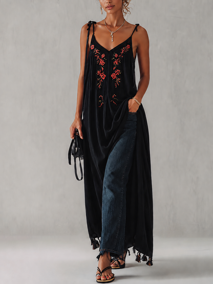 Black Cotton Linen Maxi Dress With Vintage Floral Embroidery
